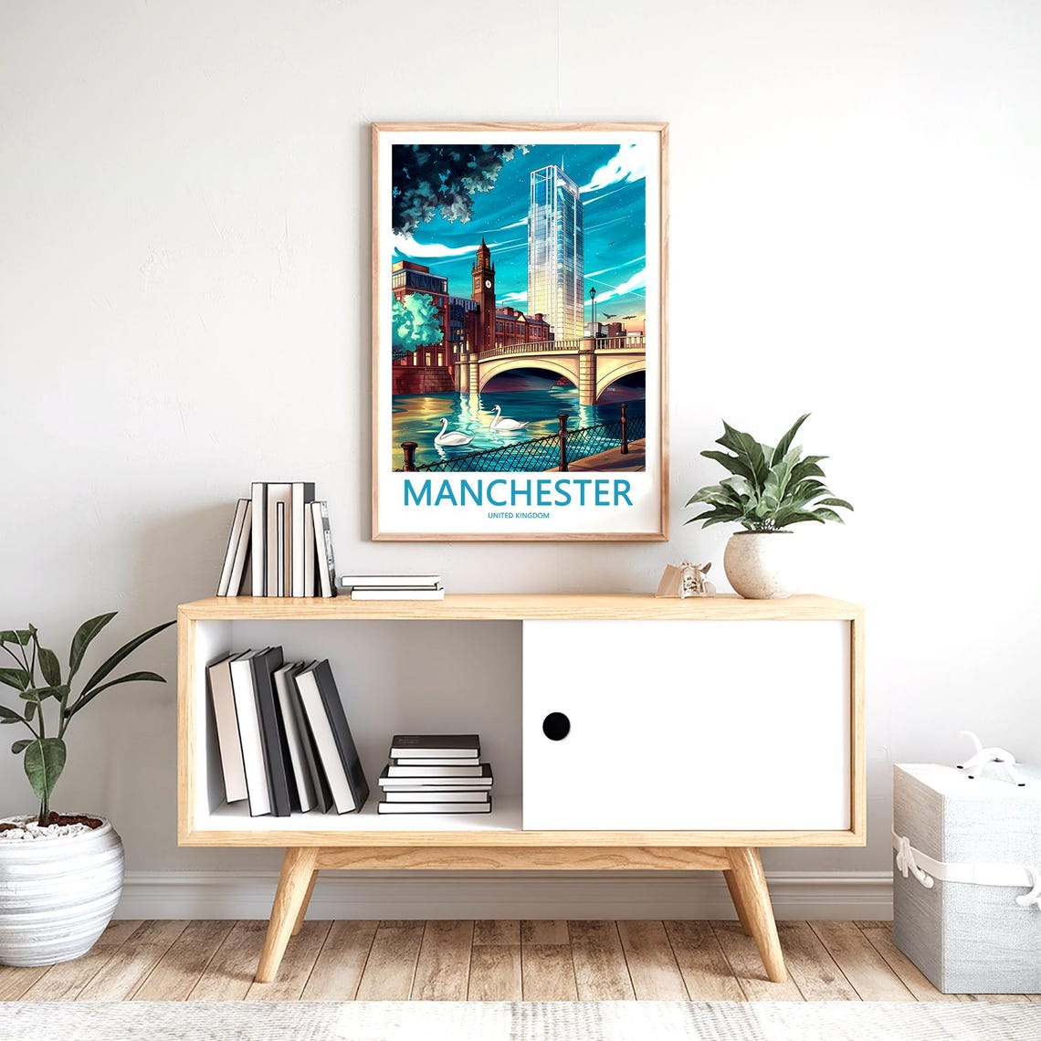 Manchester United Kingdom Glowing Evening Bridge with Swans Poster - Image 2