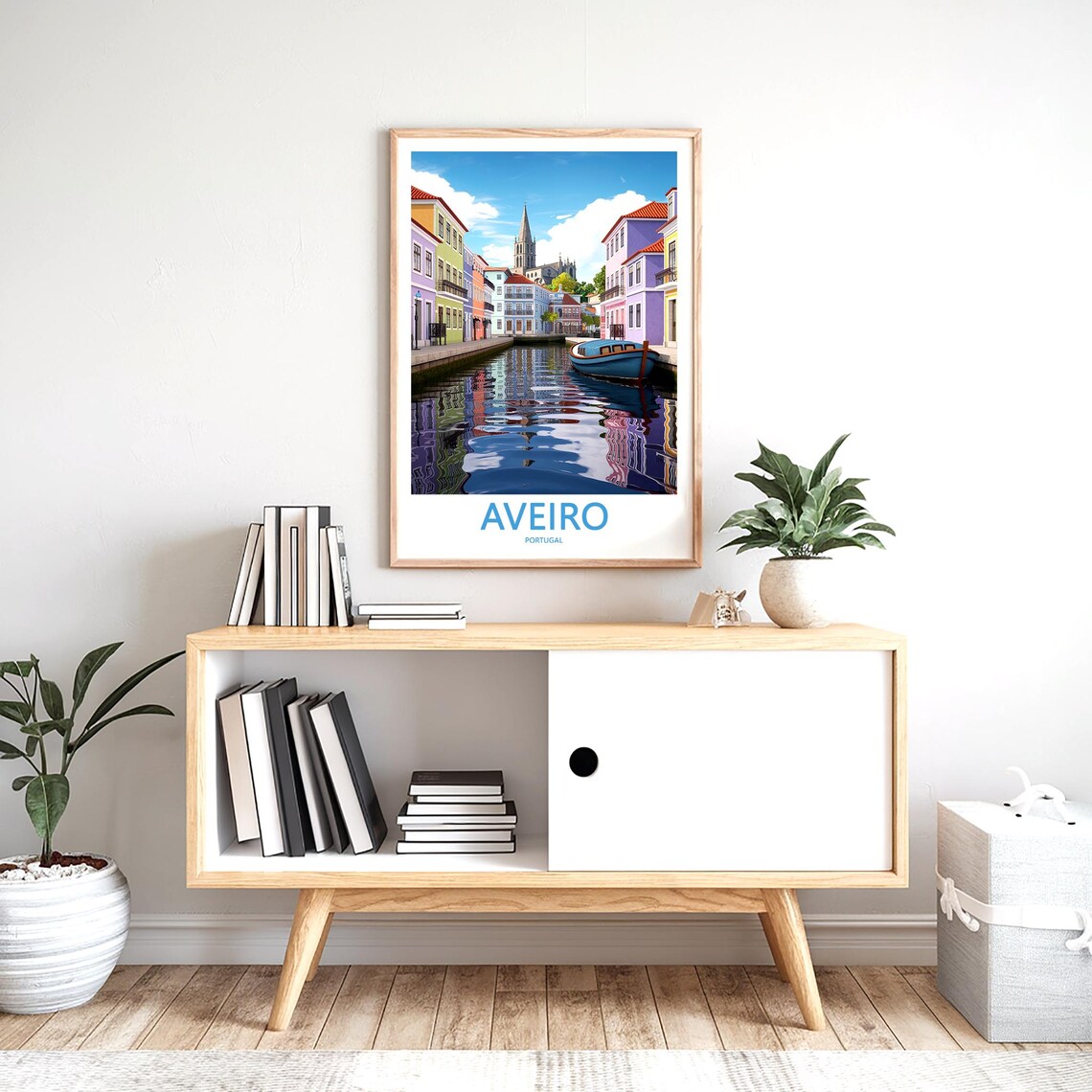 Aveiro Portugal Blue Moliceiro Boat Pastel Canal Houses Travel Poster - Image 2