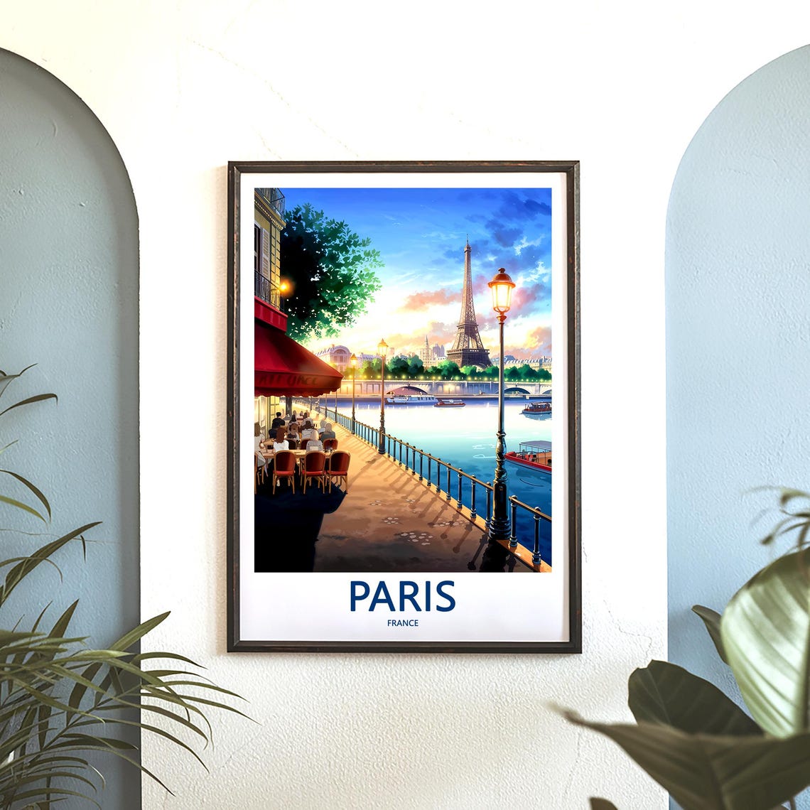 Seine Quay Cafe Terrace at Dusk Facing the Eiffel Tower Poster - Image 3