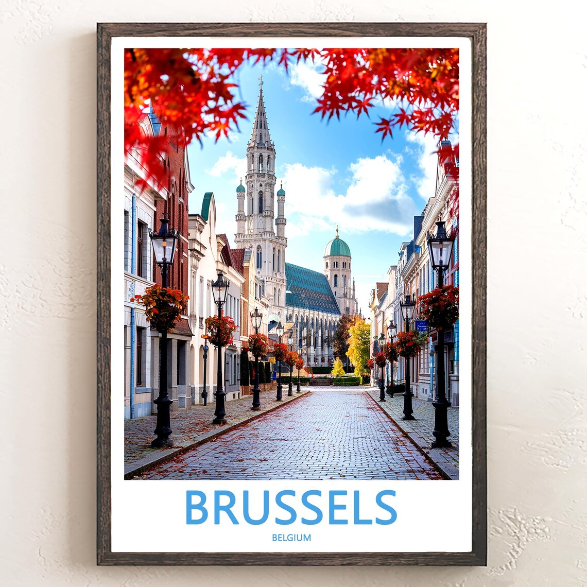 Brussels Belgium Church Spire Autumn Street Scene Travel Poster