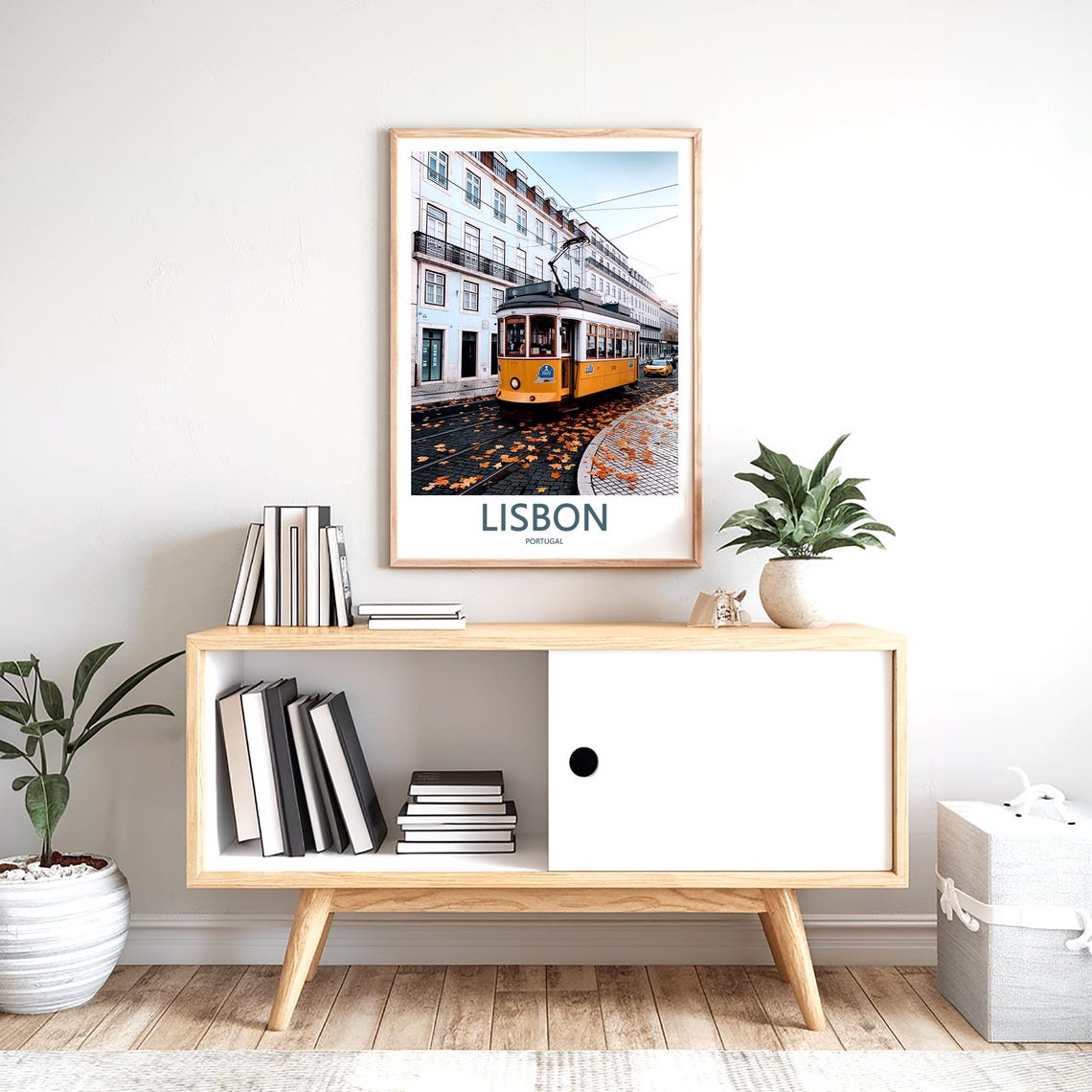 Lisbon Yellow Tram on a Leafy Autumn Street With Balconies Poster - Image 2