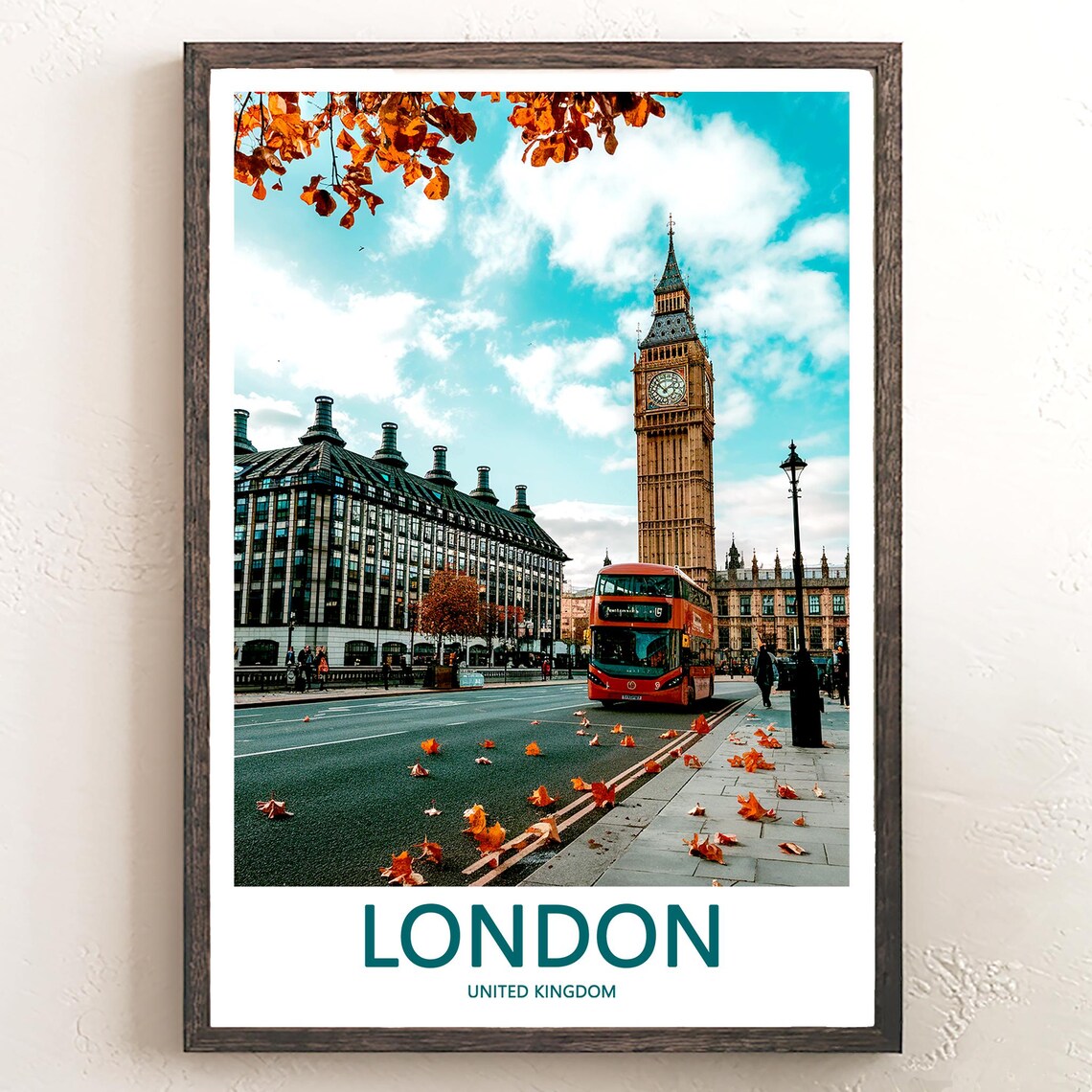 Big Ben Red Double Decker Bus Autumn Leaves Street Photo Poster