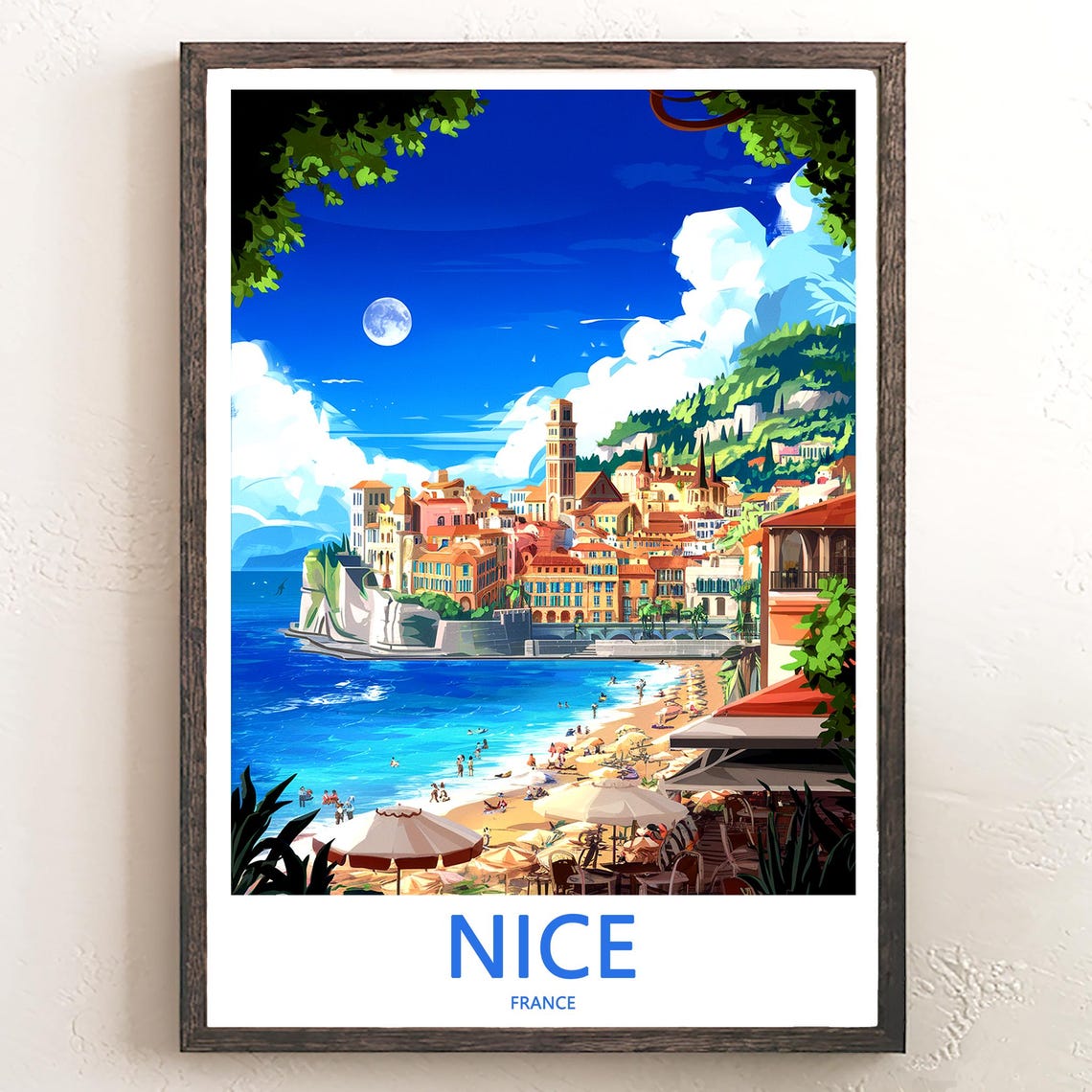 Nice France Cliff Point Town Moonlit Bay Travel Decor Poster