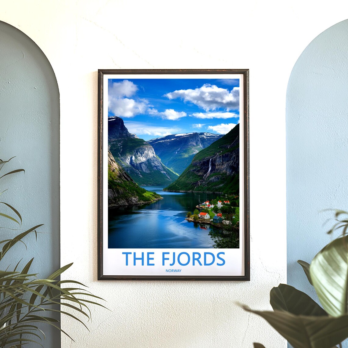 The Fjords Norway Lakeside Village Waterfall Shore View Poster - Image 3