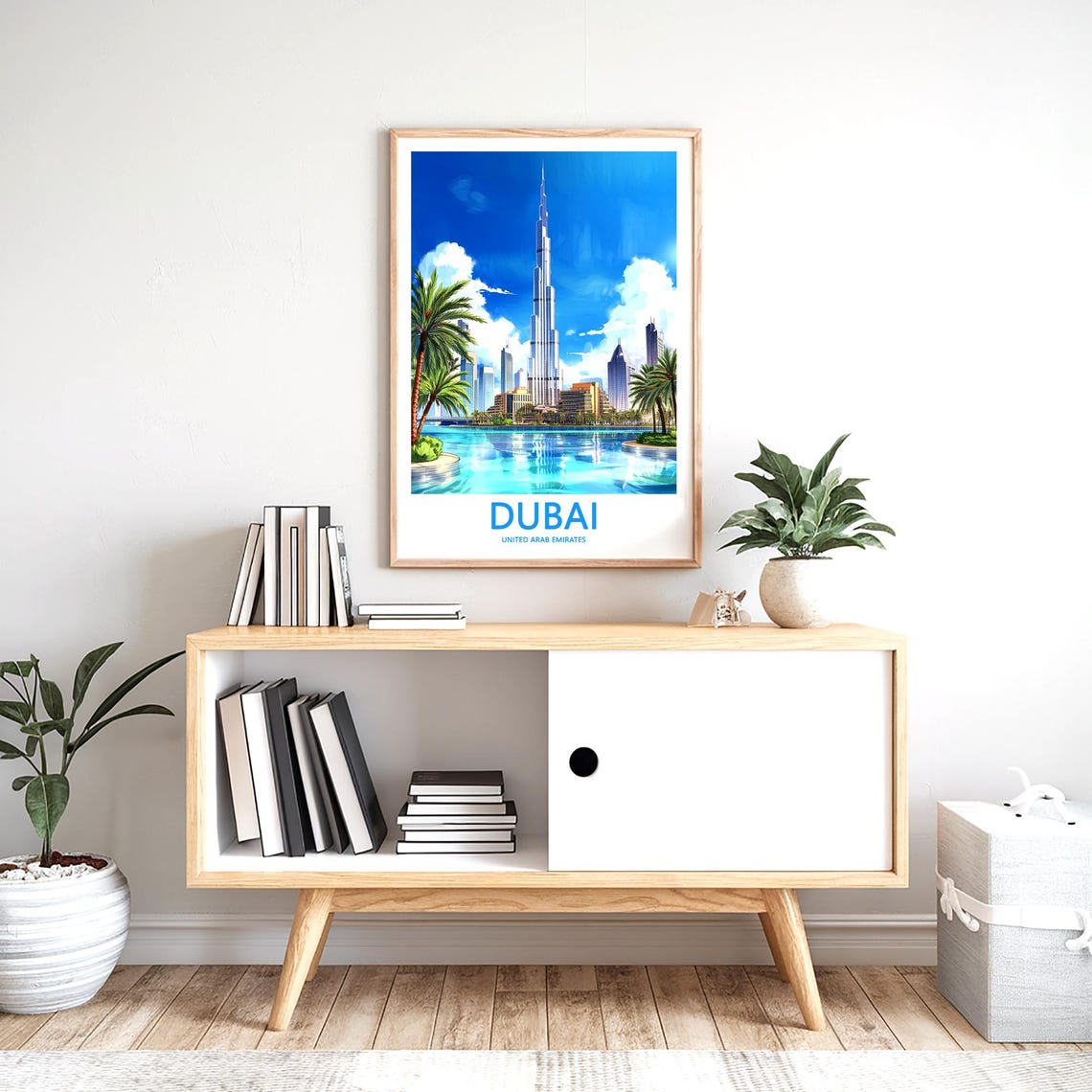 Dubai Burj Khalifa Fountain Lake Palm Trees Illustrated Poster - Image 2
