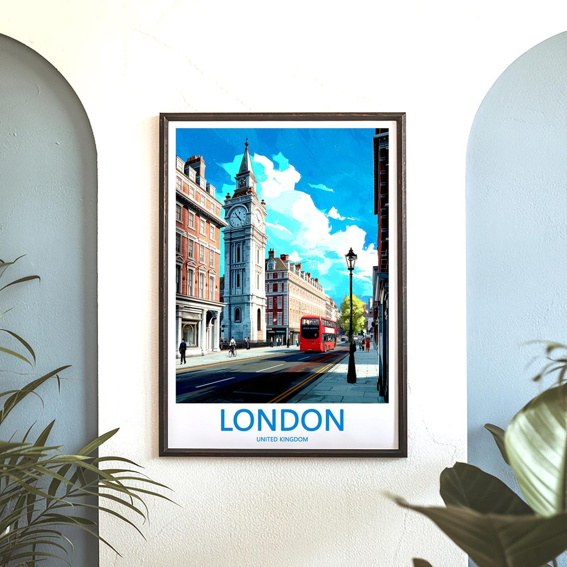 London Historic Clock Tower Red Bus Street Scene Illustration Poster - Image 3