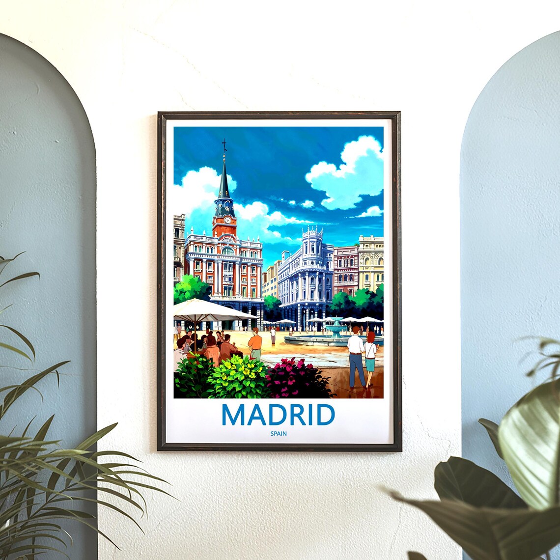 Madrid Plaza Mayor Fountain Cafe Umbrellas Crowd Scene Poster - Image 3