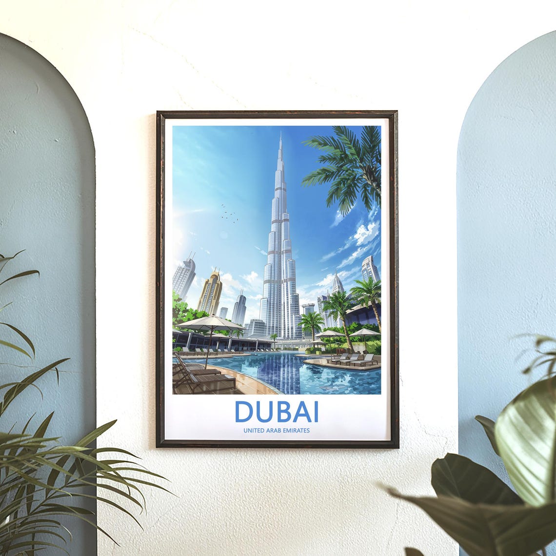 Dubai Burj Khalifa Resort Lagoon Pool Illustrated Vacation Poster - Image 3