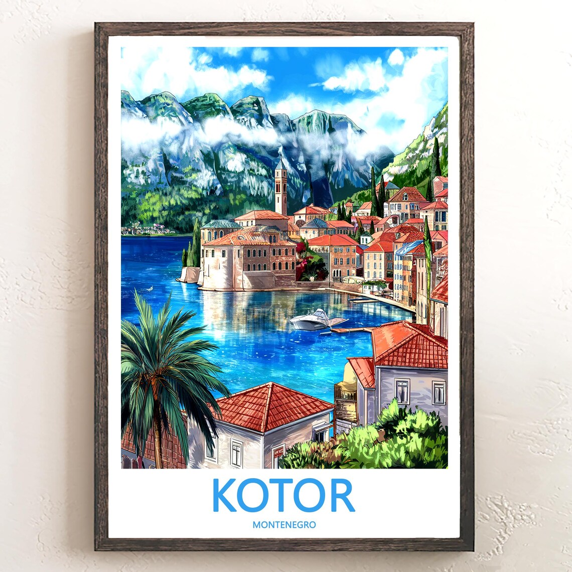 Kotor Montenegro Old Town Bay Misty Mountains Painted Poster
