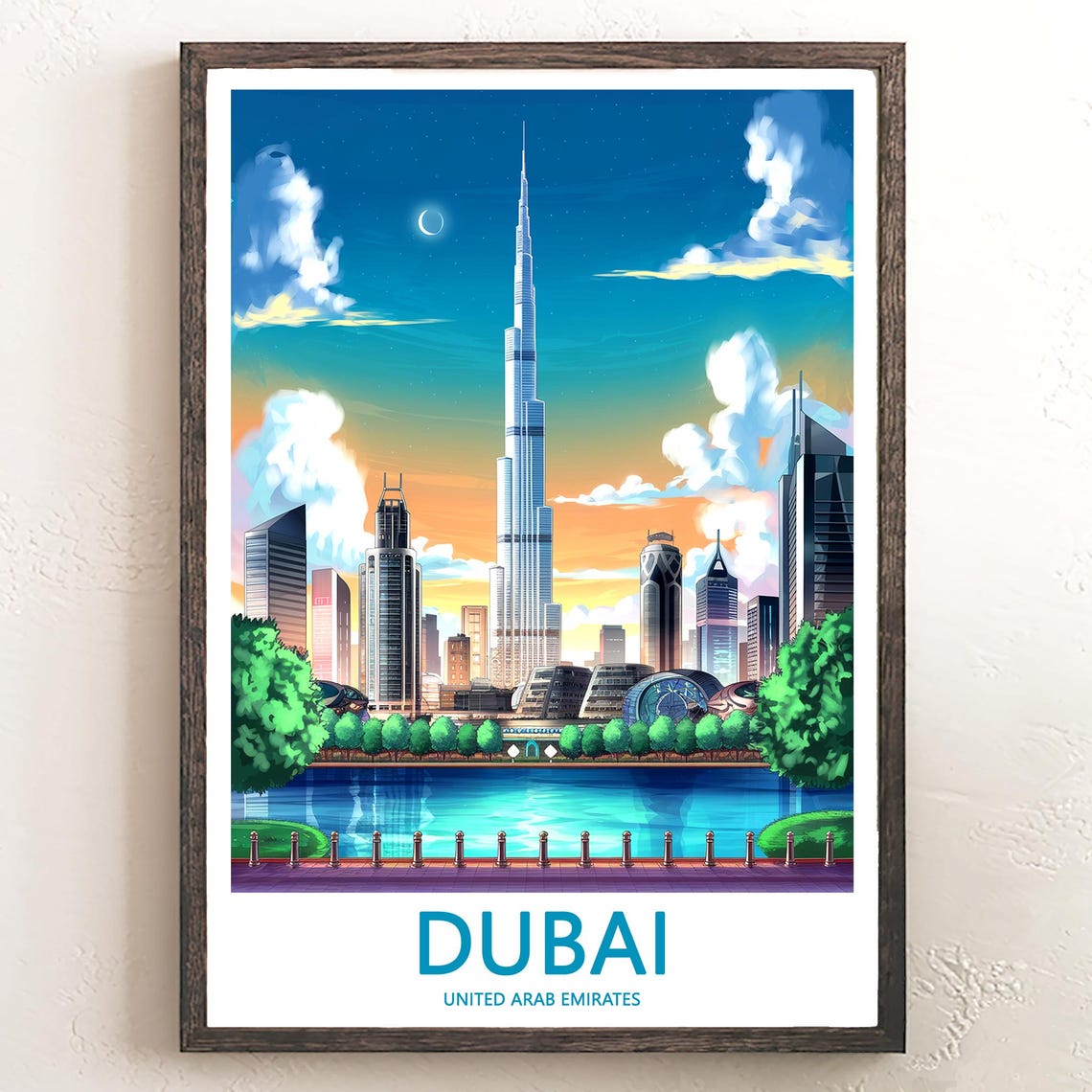 Dubai Skyline Sunset Crescent Moon Over Promenade Travel Poster