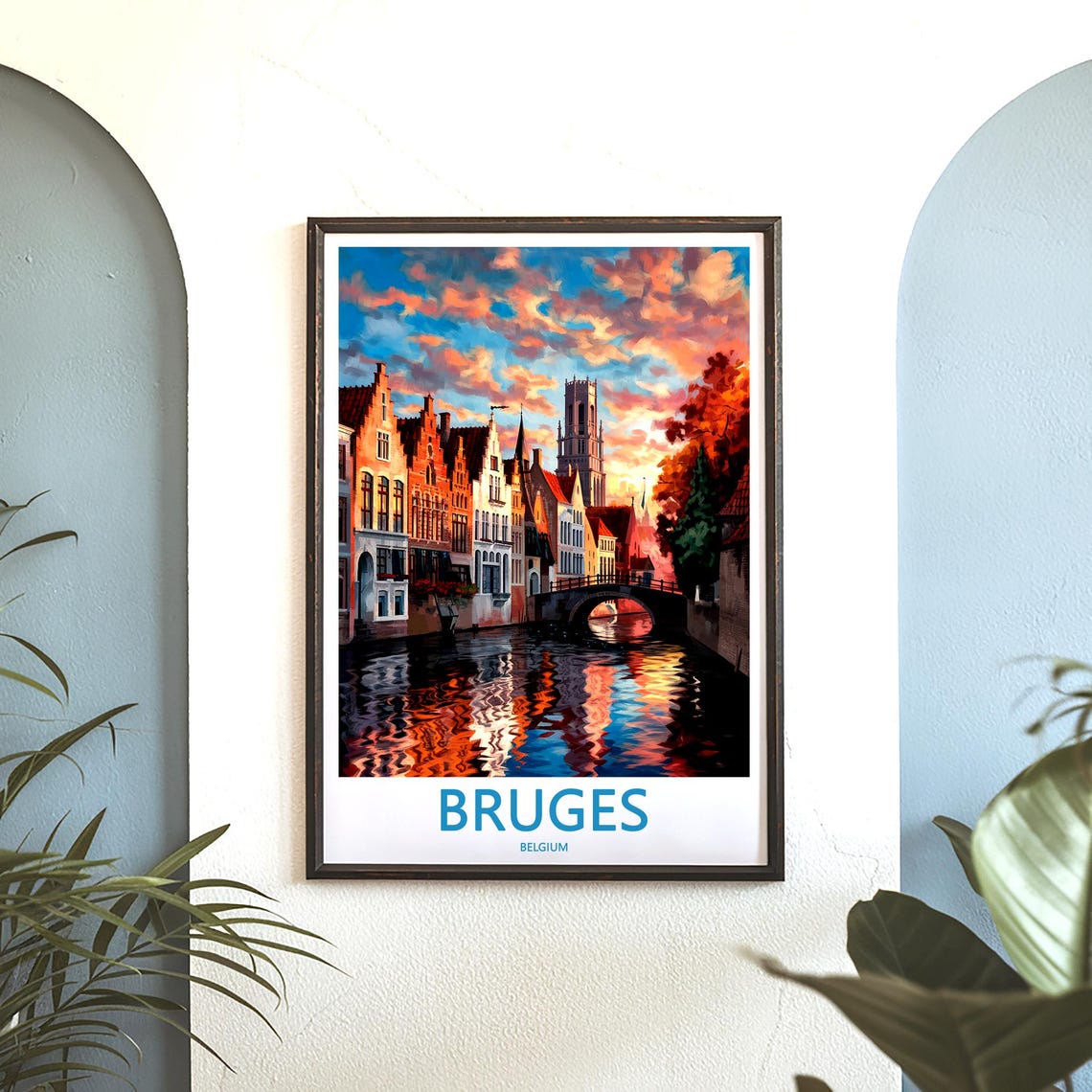 Bruges Belgium Sunset Canal Bridge With Glowing Clouds Poster - Image 3