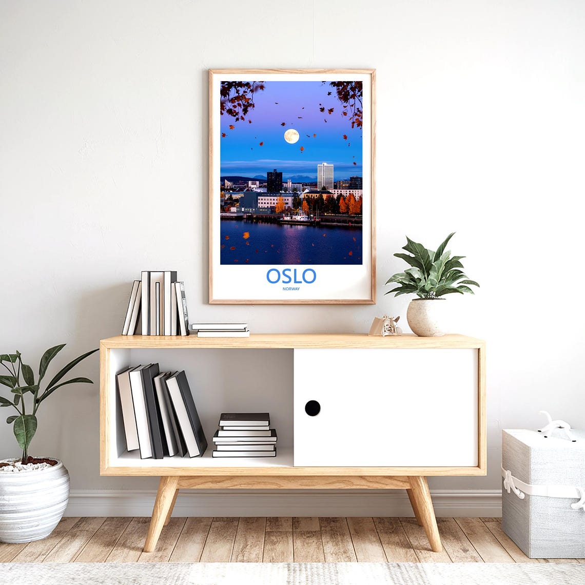 Oslo Moonlit Autumn Harbor with Falling Leaves Travel Poster - Image 2