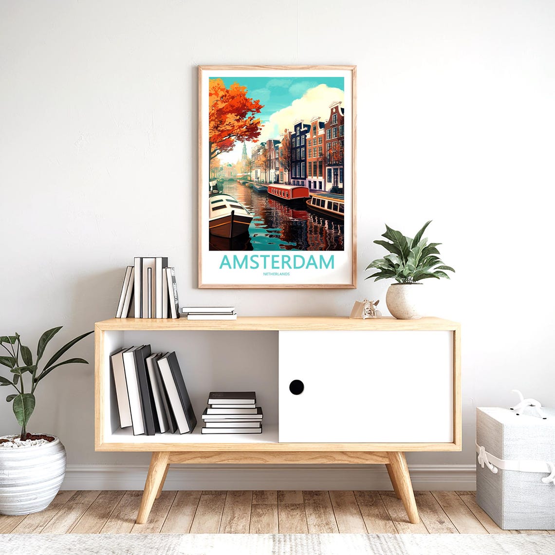 Amsterdam Autumn Houseboats Orange Foliage Illustrated Poster - Image 2