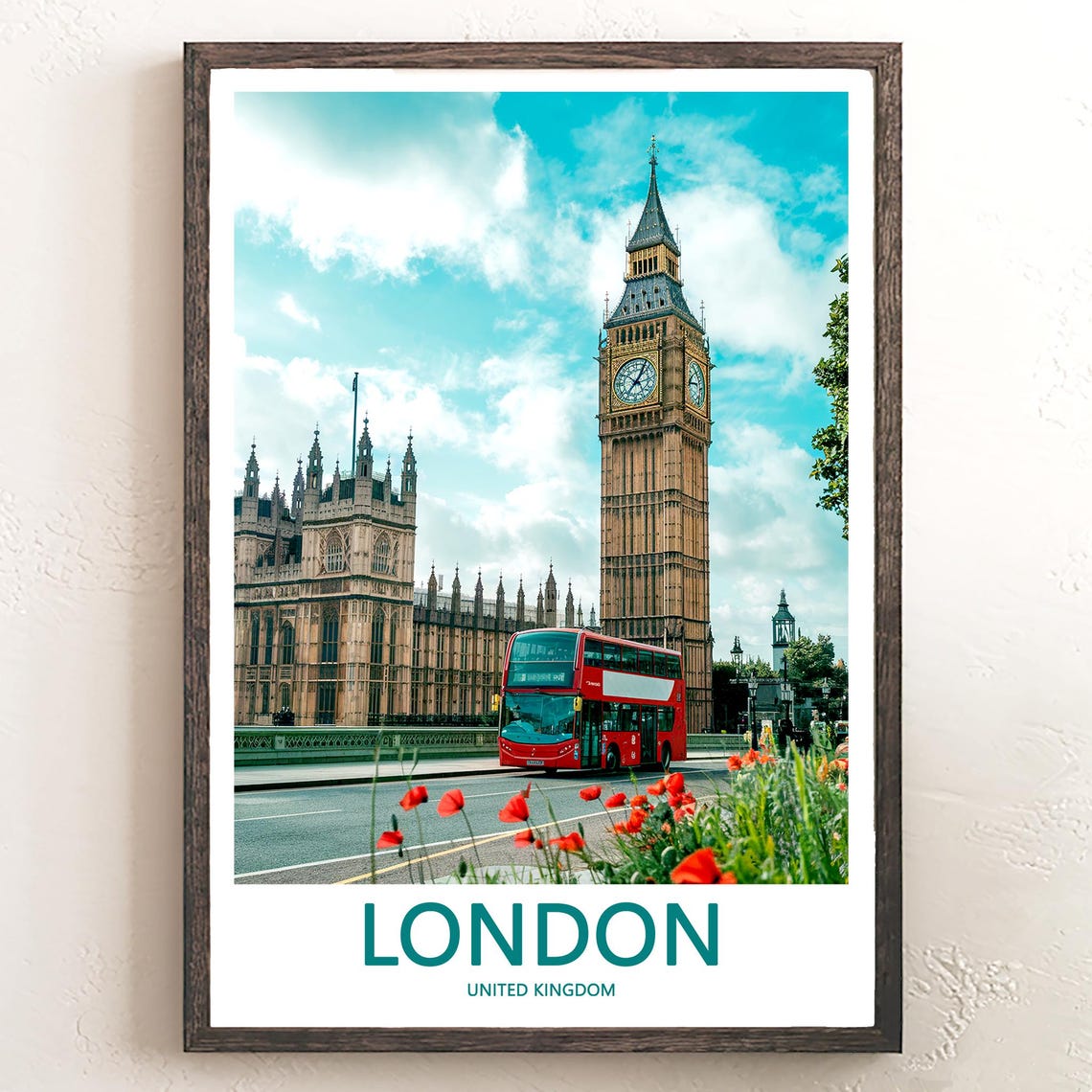 Big Ben Red Double Decker Bus Poppies on a Summer Day Photo Poster