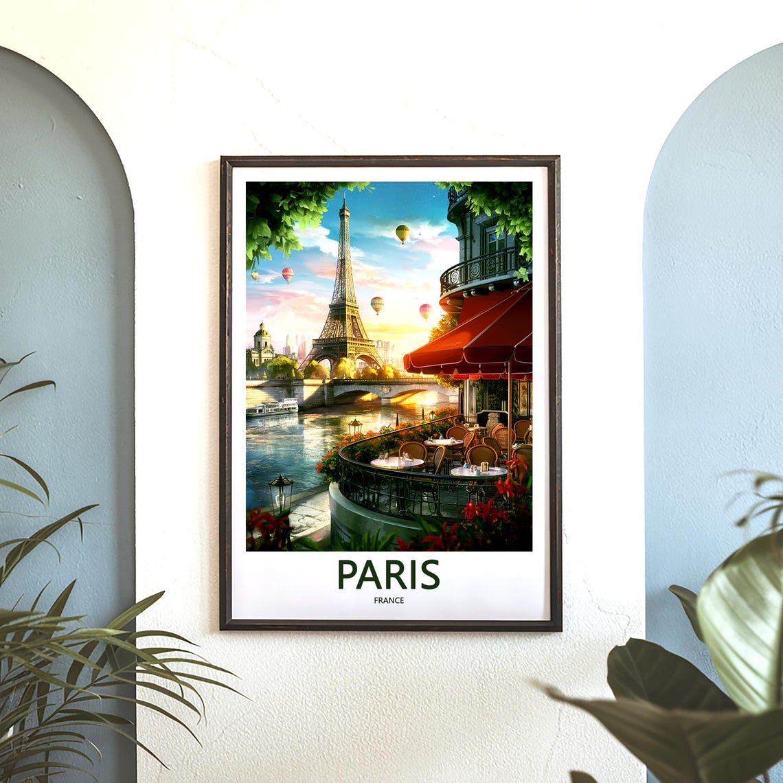 Paris Eiffel Tower Riverside Cafe Hot Air Balloons Sky Poster - Image 3