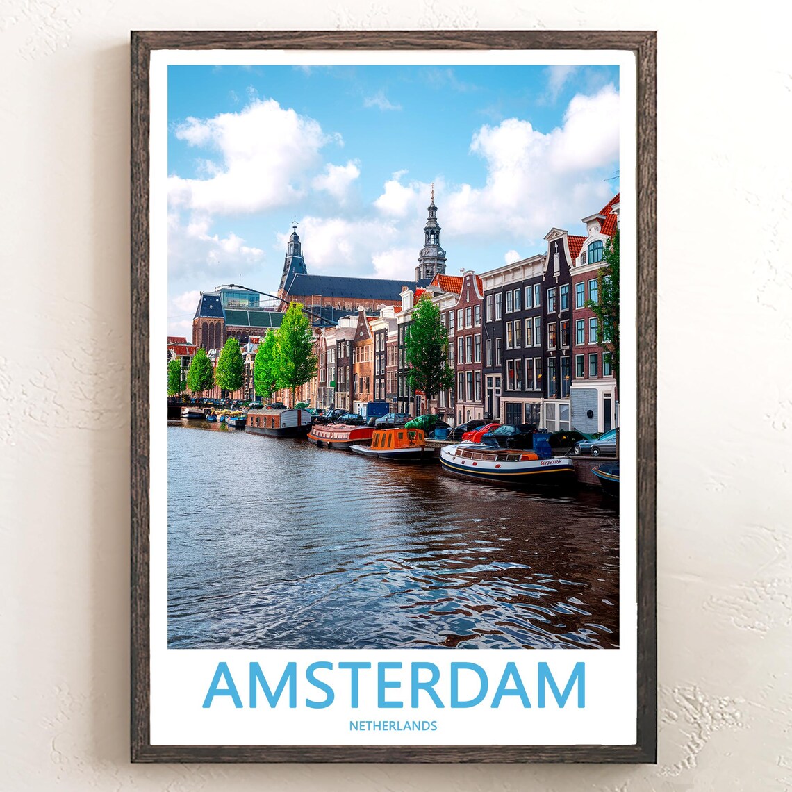 Amsterdam Canal Sunny Day Boats Church Spire Photography Poster
