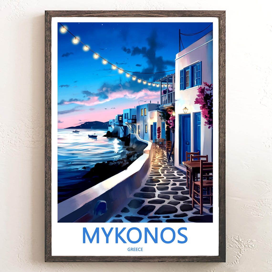 Mykonos Harbor String Lights At Dusk Greece Evening Art Poster