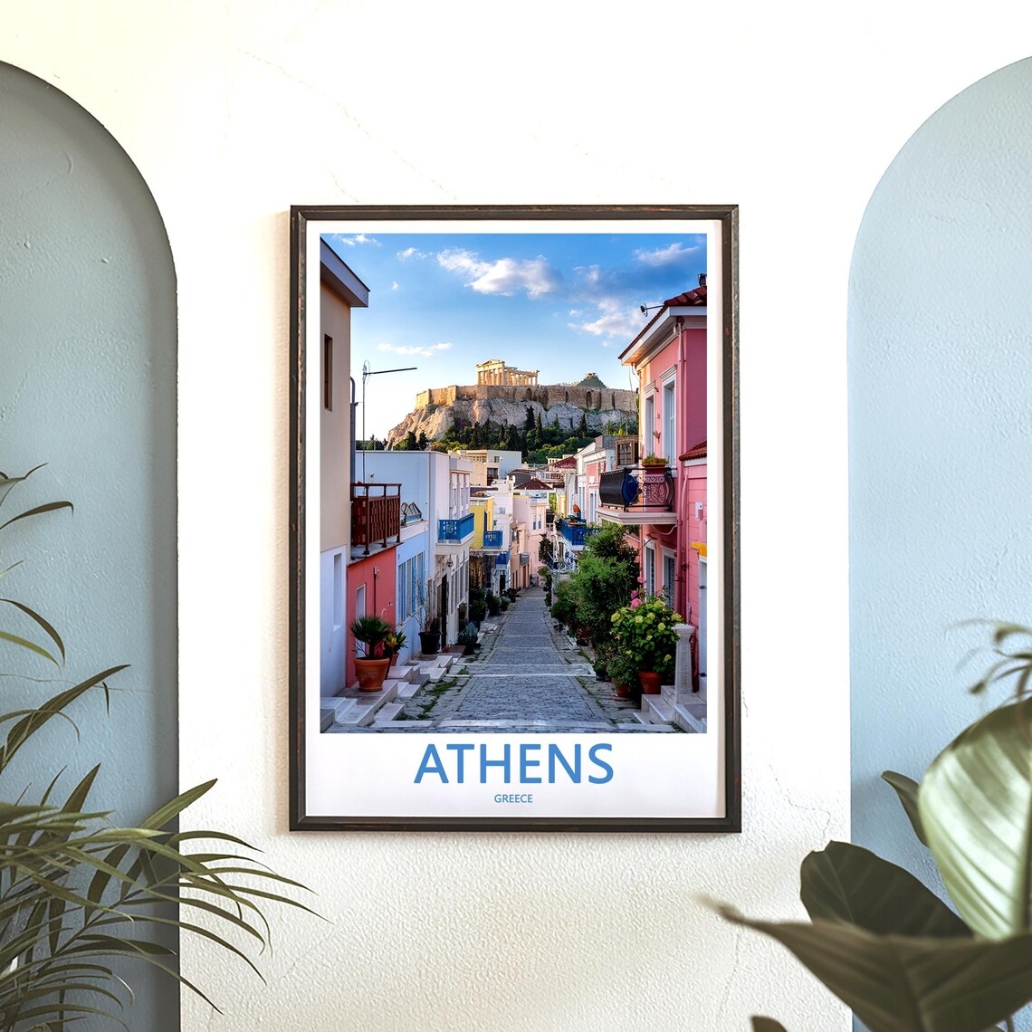 Athens Plaka Street Pastel Houses Acropolis View Photo Poster - Image 3