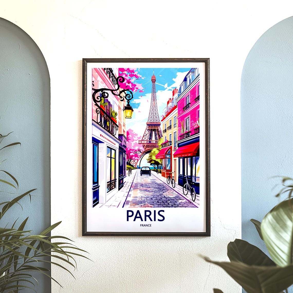 Eiffel Tower Pink Shopping Street Bicycles Cobblestone Paris Poster - Image 3