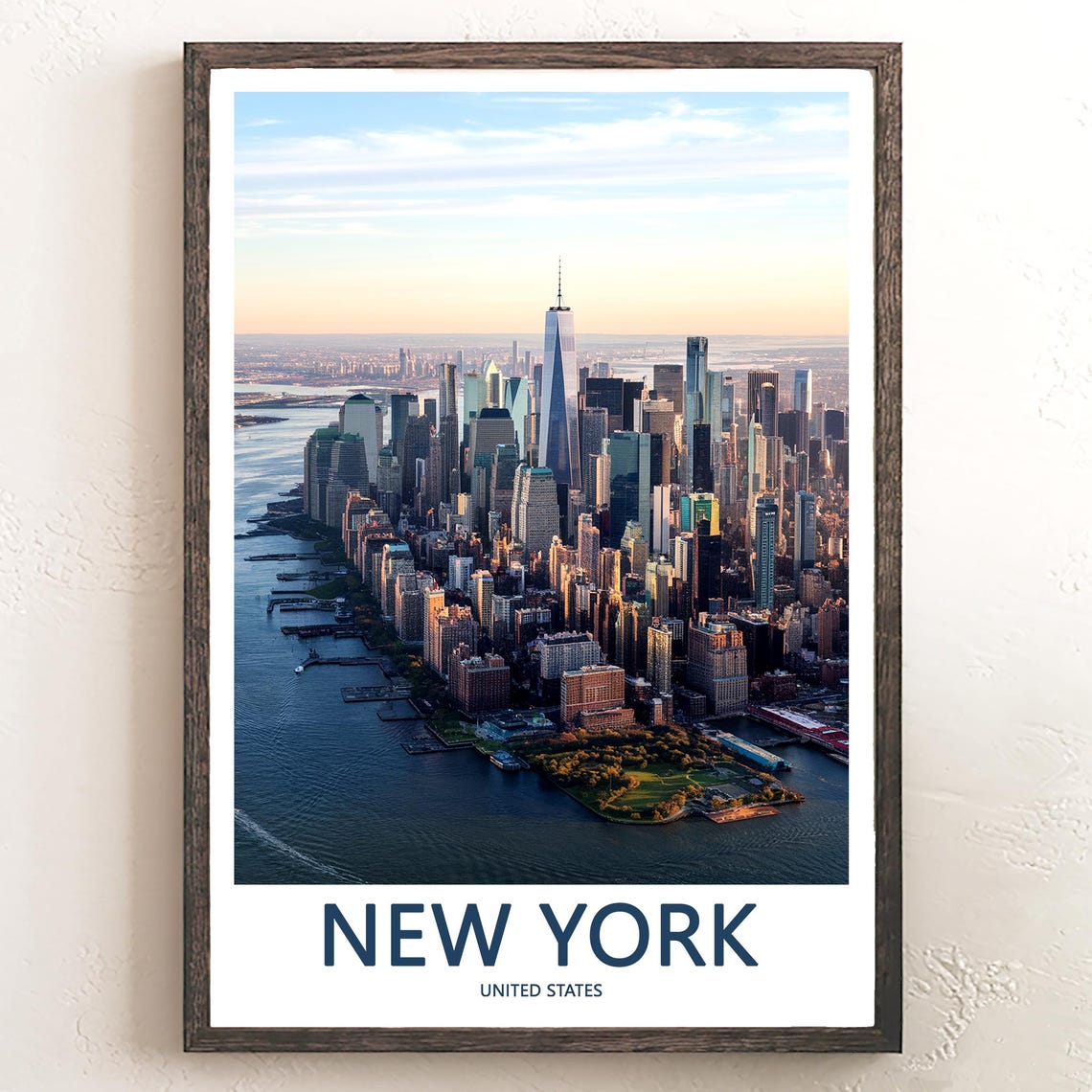 New York Lower Manhattan Sunset Aerial View Harbor Travel Poster
