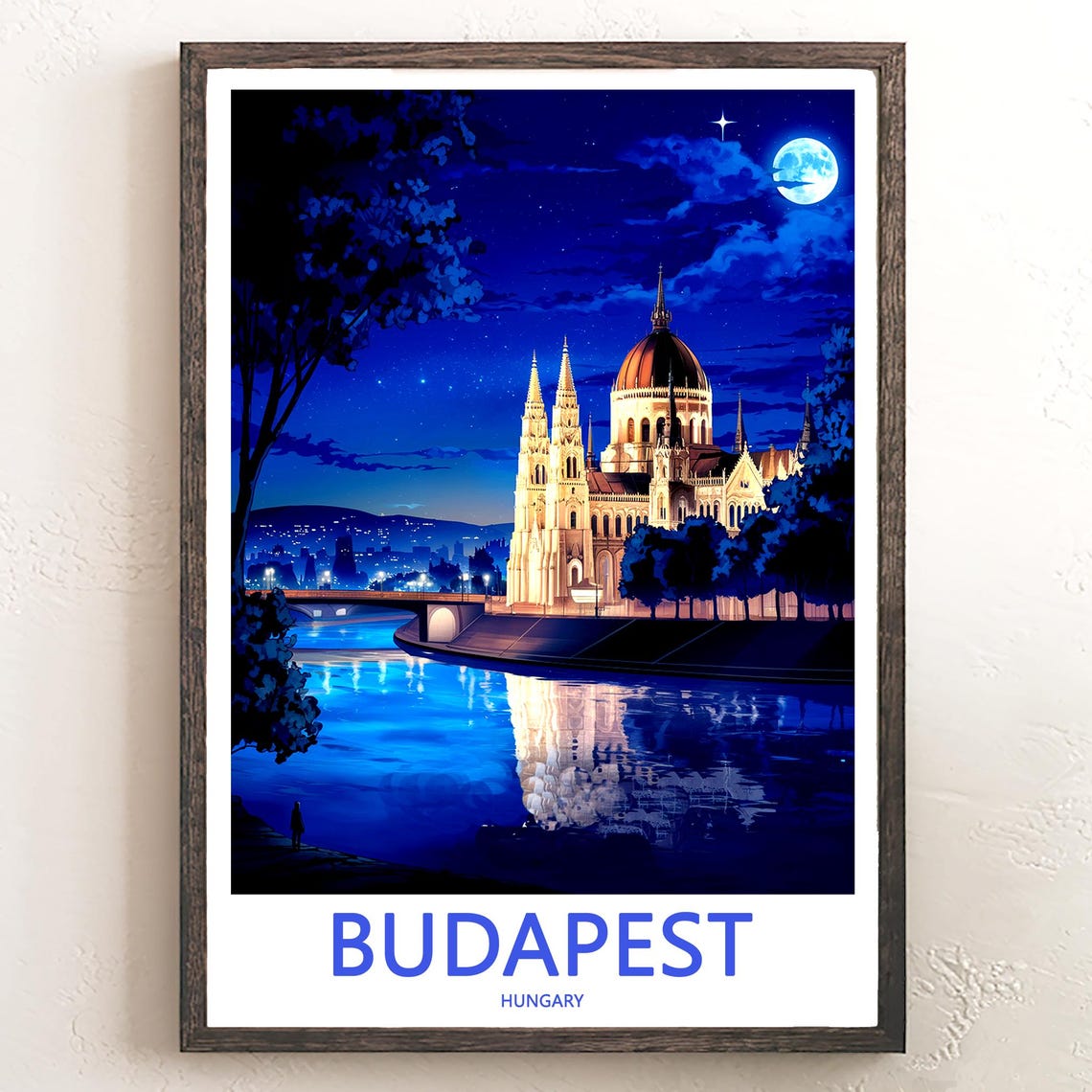 Budapest Hungary Vintage Yellow Tram Crossing River Bridge Poster