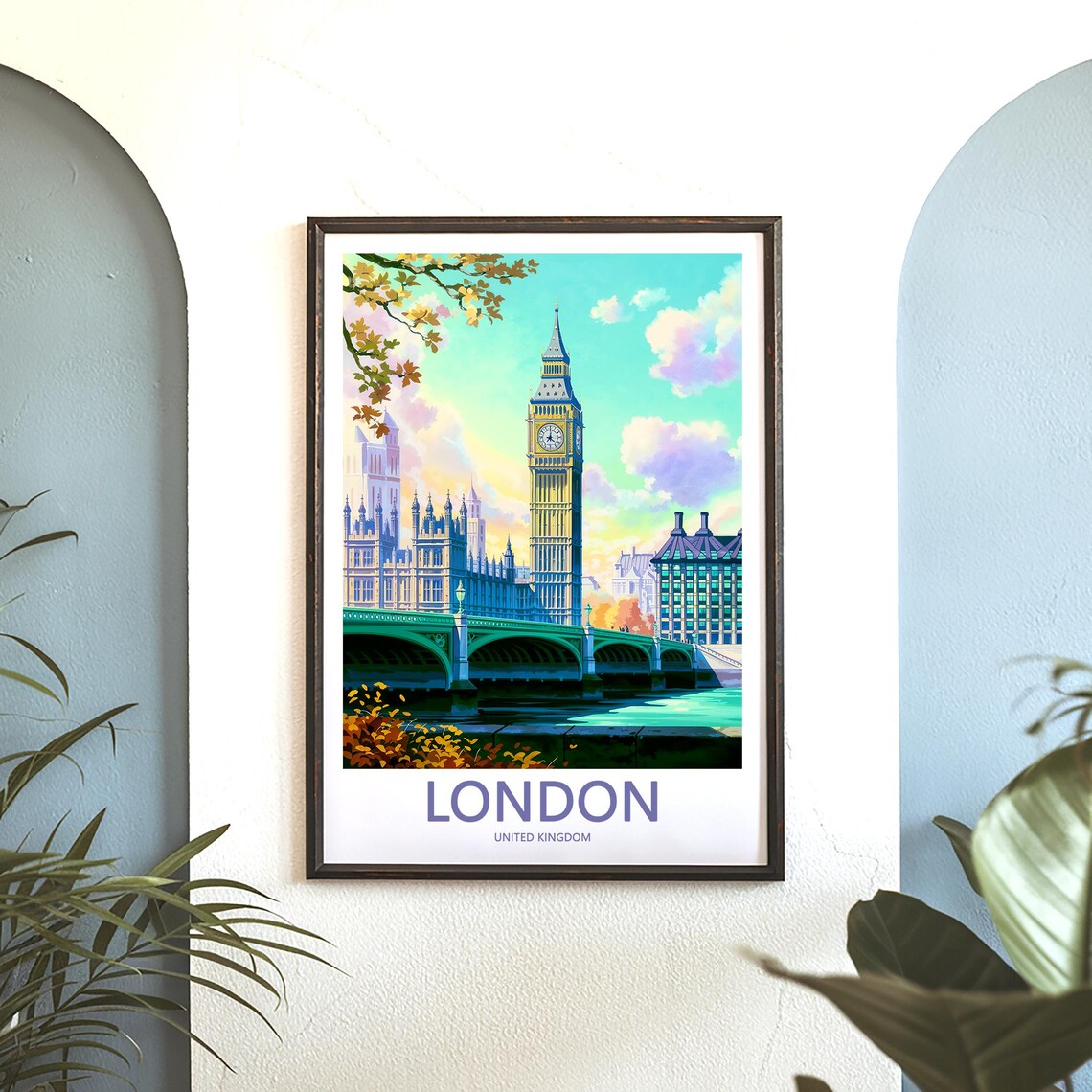 Big Ben on a Soft Pastel Morning with Golden Autumn Leaves Poster - Image 3