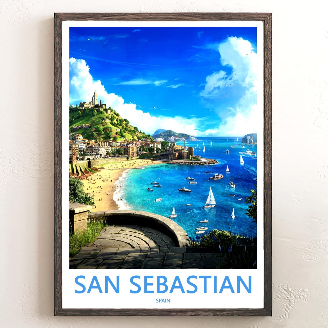 San Sebastian Beach Sailboats Monte Igueldo Coast Travel Poster