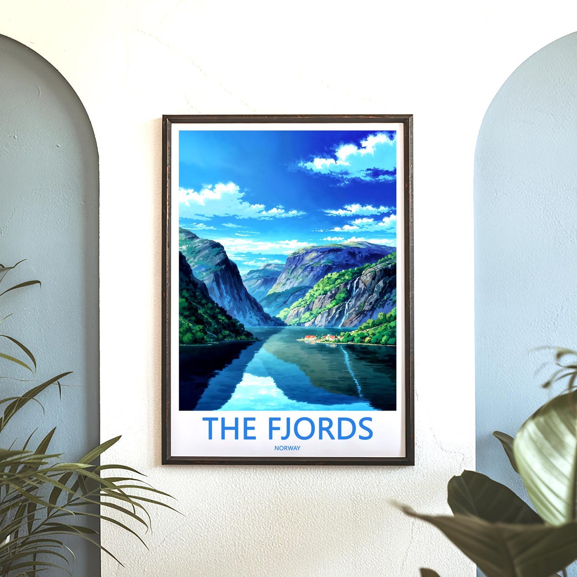The Fjords Norway Bright Blue Stylized Green Cliffs Travel Poster - Image 3