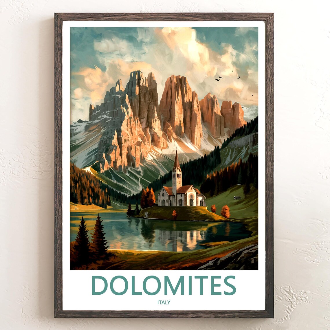 Dolomites Autumn Golden Hills with Lakeside Church Italy Poster