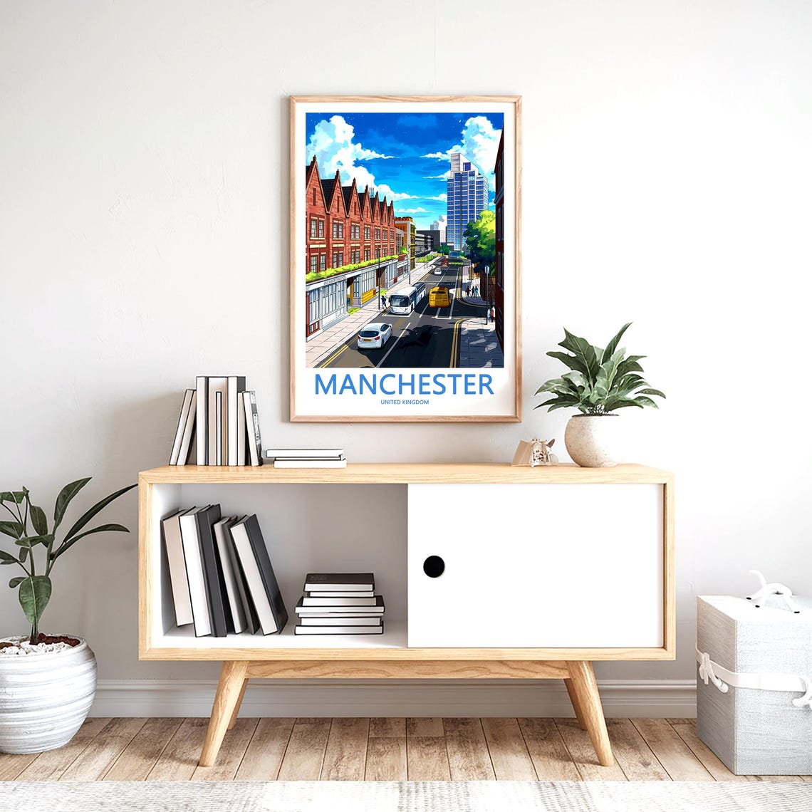 Manchester Sunlit City Street Brick Terraces and Buses Poster - Image 2