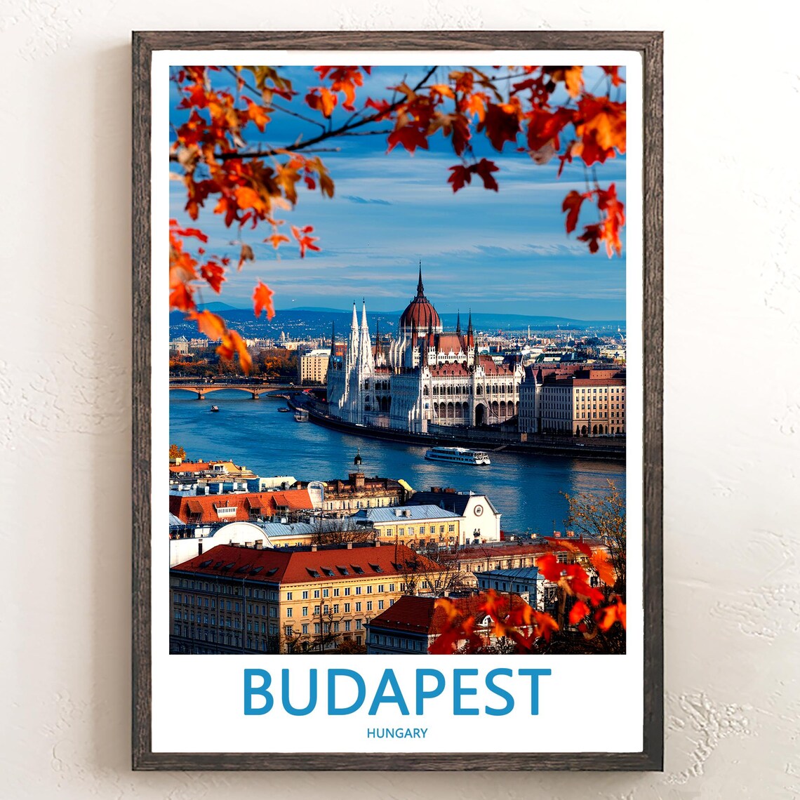 Budapest Hungary Parliament Danube Autumn Leaves Photo Travel Poster