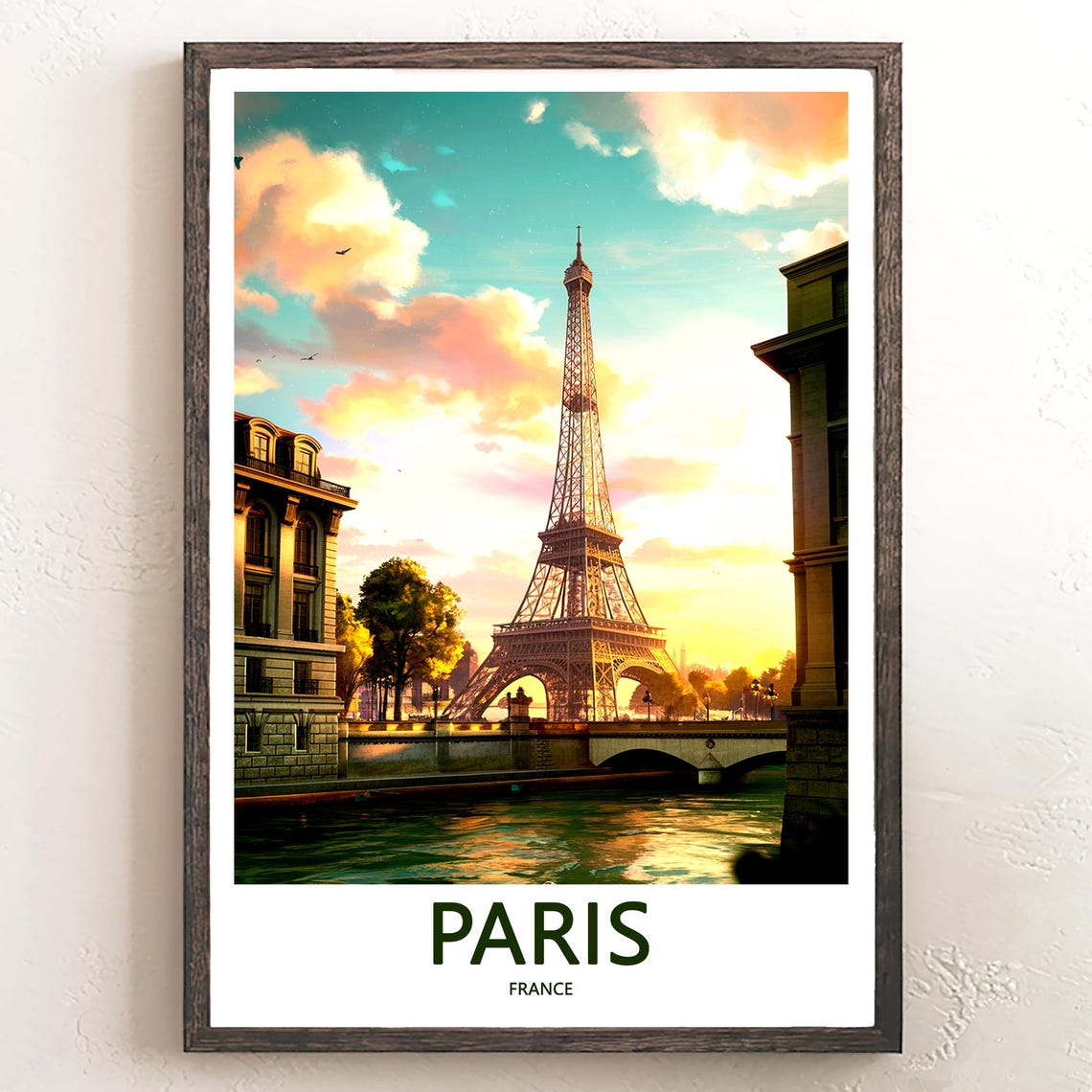 Eiffel Tower Between Buildings Over the Seine at Pastel Sunset Poster