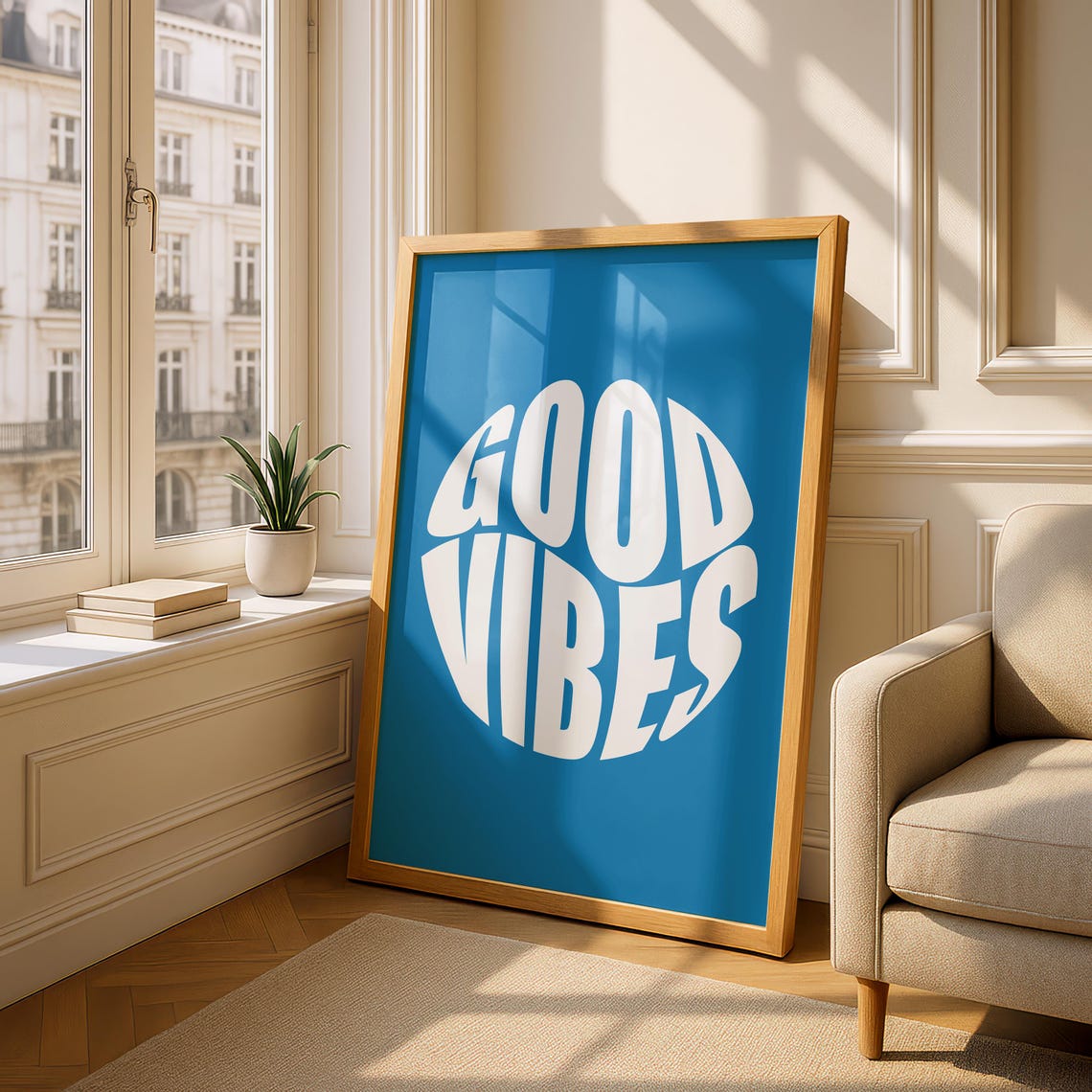 Good Vibes Retro Circle Typography Bold Blue Positive Energy Poster