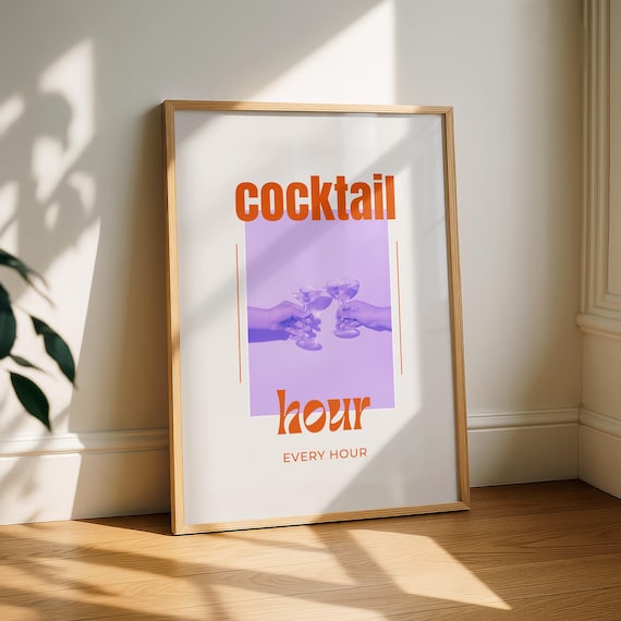 Cocktail Hour Every Hour Orange Purple Bar Cart Drink Poster