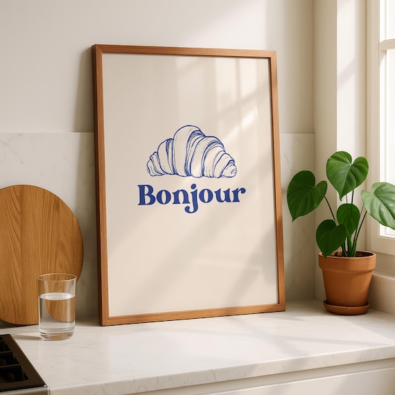 Bonjour Croissant Blue Line Drawing French Kitchen Cafe Quote Poster