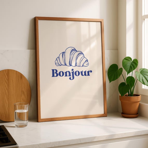Bonjour Croissant Poster Kitchen Wall Art Cafe Print Minimalist Breakfast Decor Paris Aesthetic Coffee