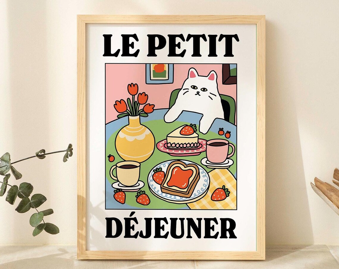 French Cafe Cat Print, Bistro Breakfast Kitchen Art