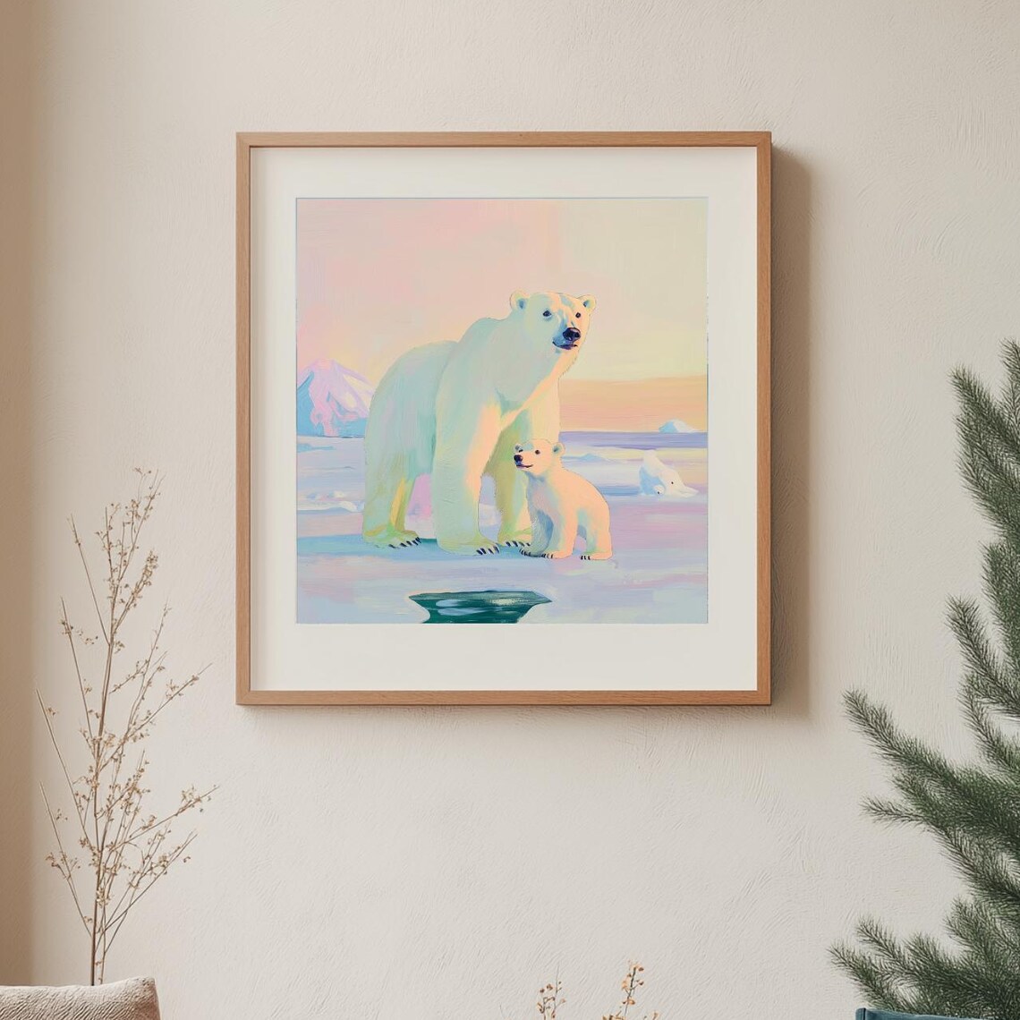 Polar Bear Mother and Cub Pastel Arctic Ice Wildlife Art Poster