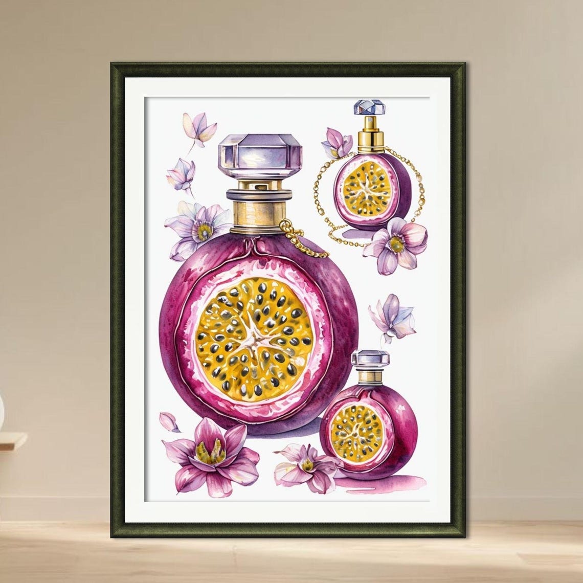 Passion Fruit Perfume Bottle Watercolor Kitchen Art Print With Flowers