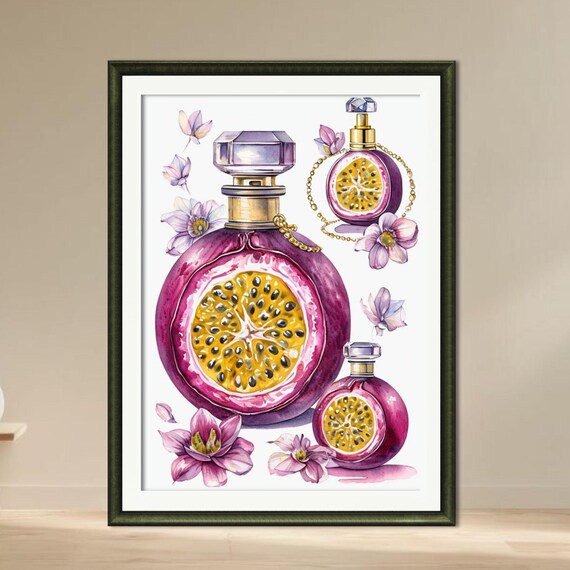 Passion Fruit Perfume Bottle Watercolor Kitchen Art Print With Flowers
