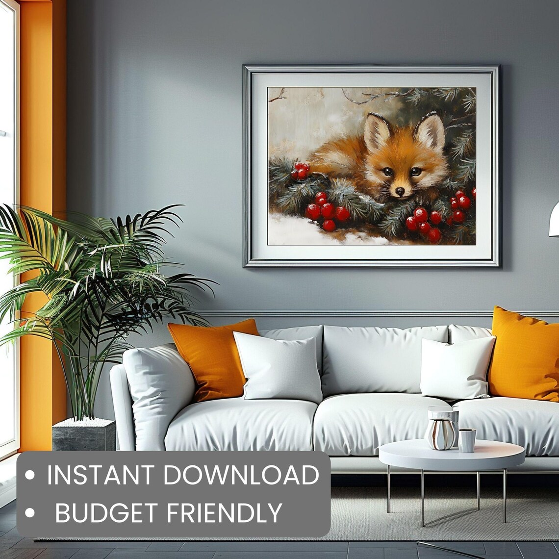 Adorable Baby Fox Among Pine Boughs Red Berries Winter Poster - Image 2