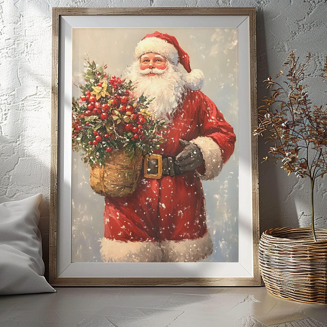 Santa Claus Holding Berry Basket Winter Snowfall Christmas Poster
