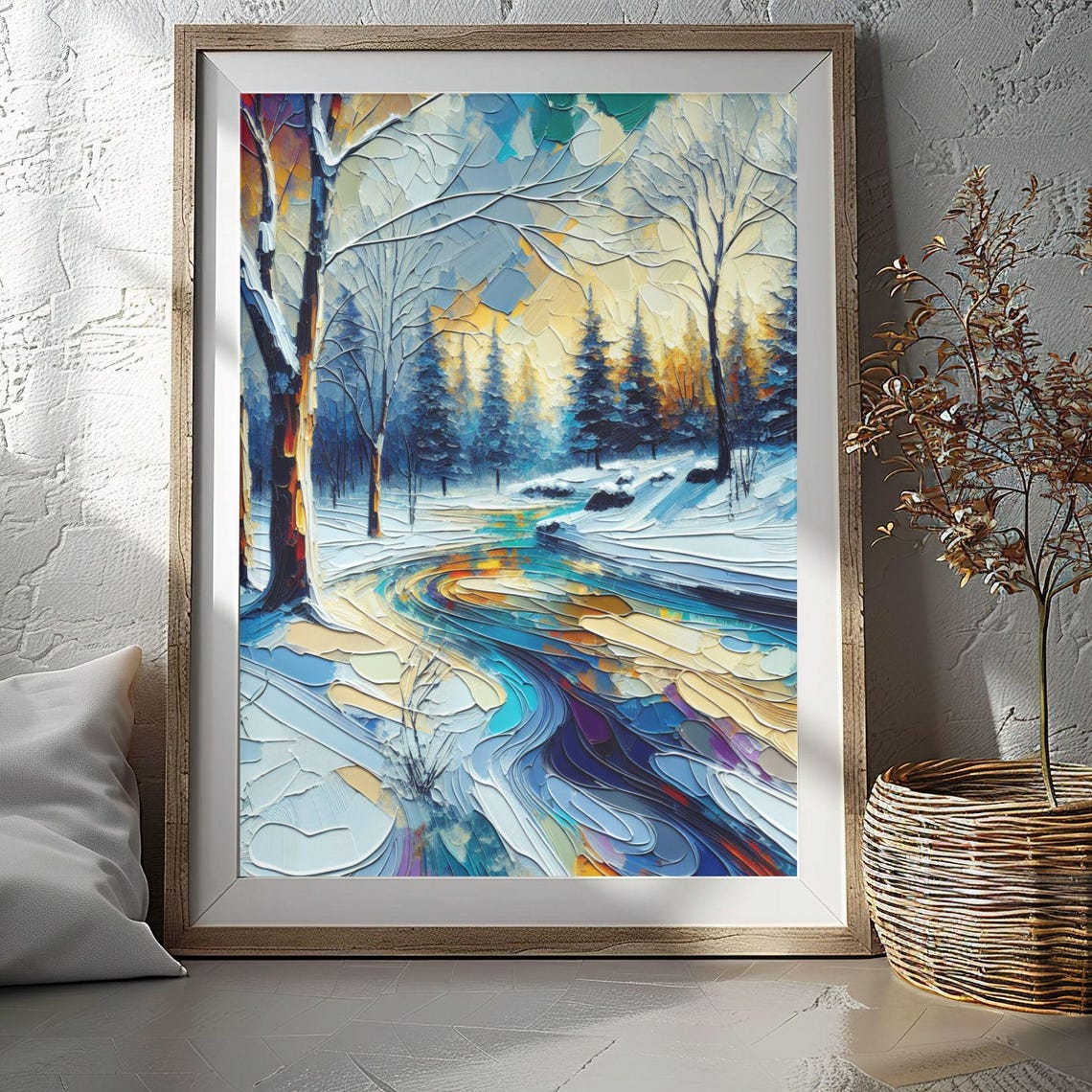 Peaceful Snowy Winter Landscape Colorful Stream Forest Wall Art