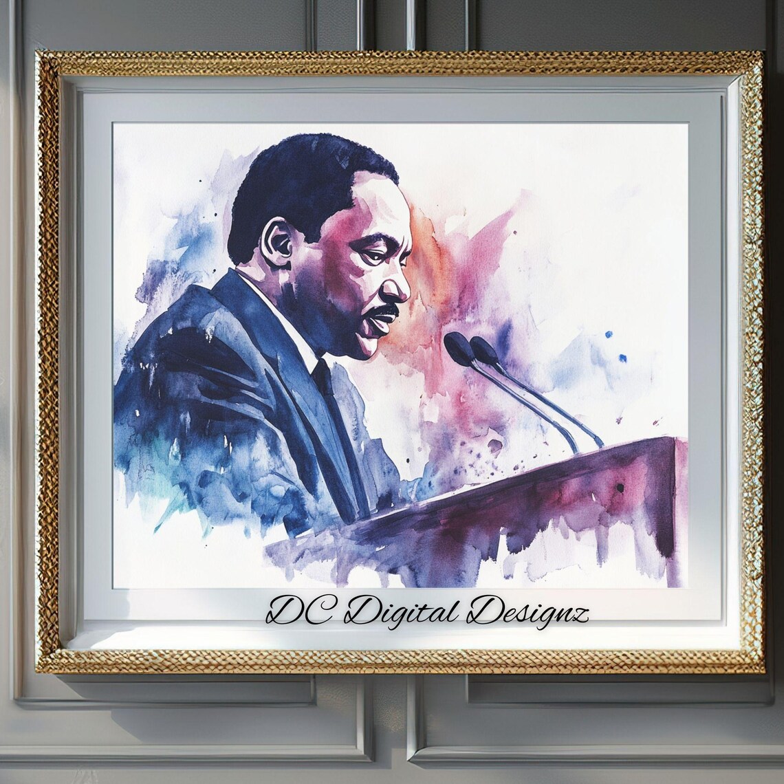 Martin Luther King Jr at Podium Watercolor Speech Tribute Poster