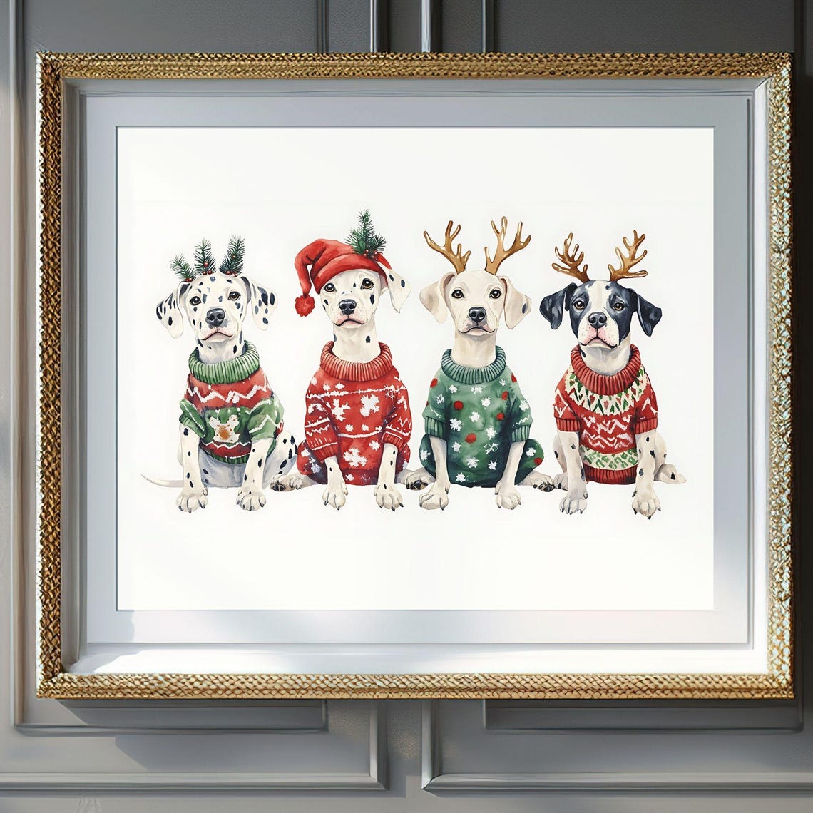 Four Dalmatians Christmas Sweaters Festive Headwear Art Poster