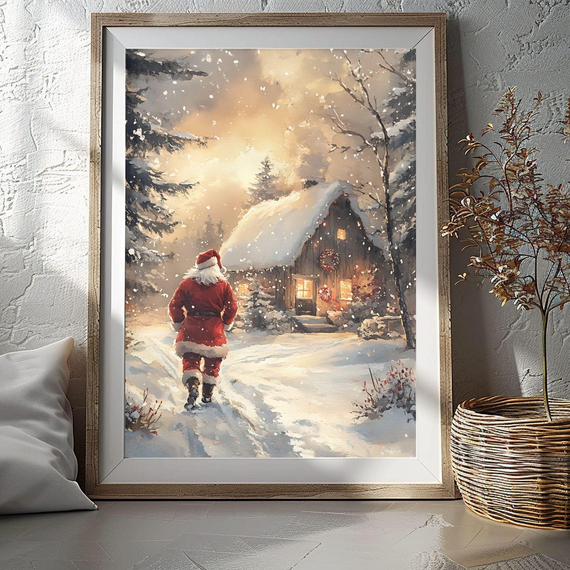 Santa Claus Walking To Snowy Cabin Sunset Winter Scene Poster