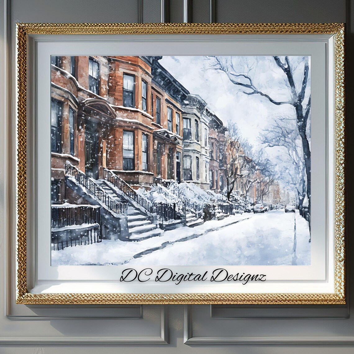 Snowy Brownstone Street Winter Snowfall Watercolor City Poster