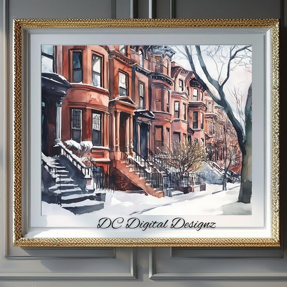 Snowy Brownstone Row Houses Winter Watercolor New York City Poster