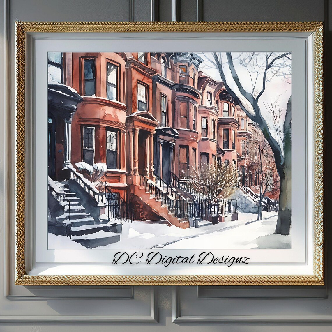 Snowy Brownstone Row Houses Winter Watercolor New York City Poster