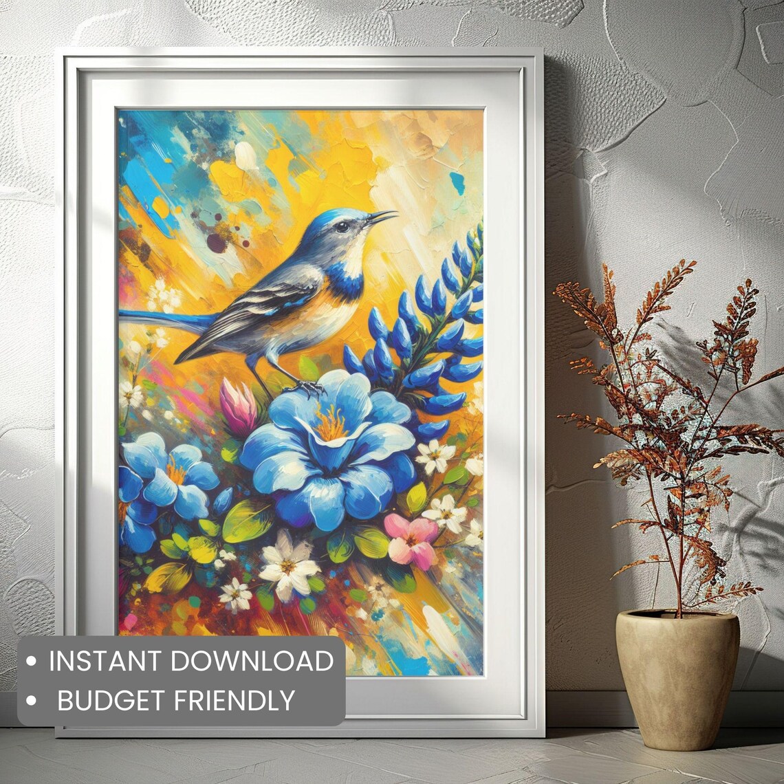 Mockingbird Texas Bluebonnet Flowers Vibrant Bird Painting Poster - Image 2